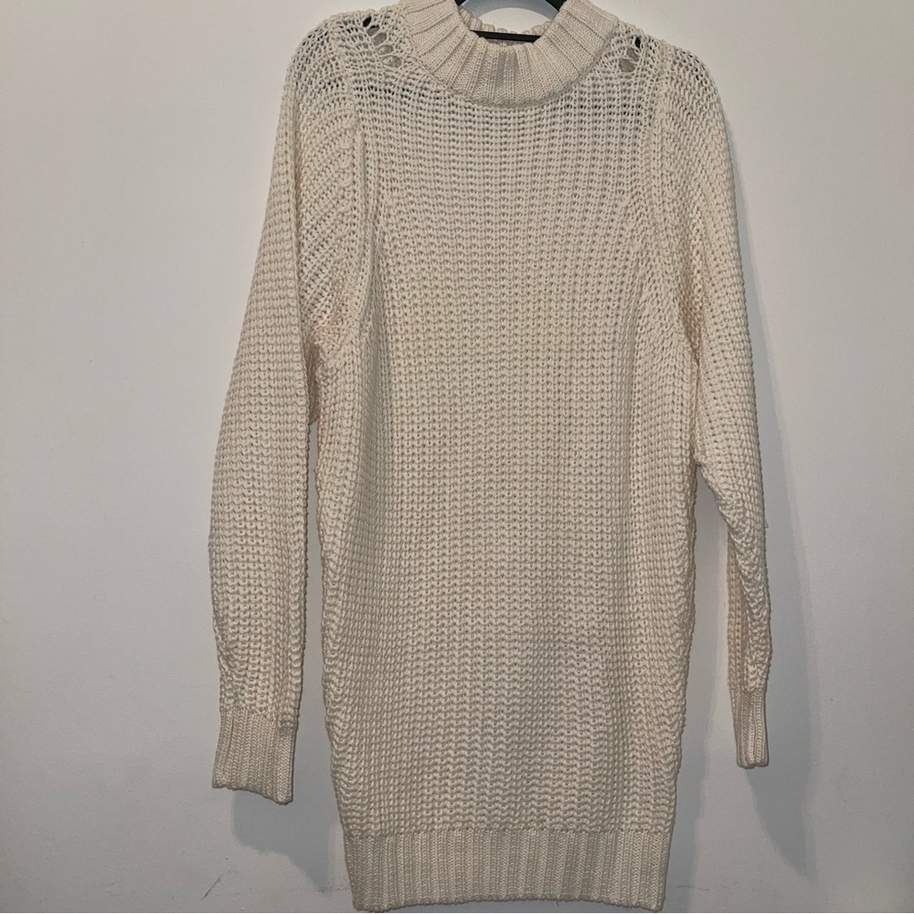 White Mock Neck Long Sleeve Sweater Dress
